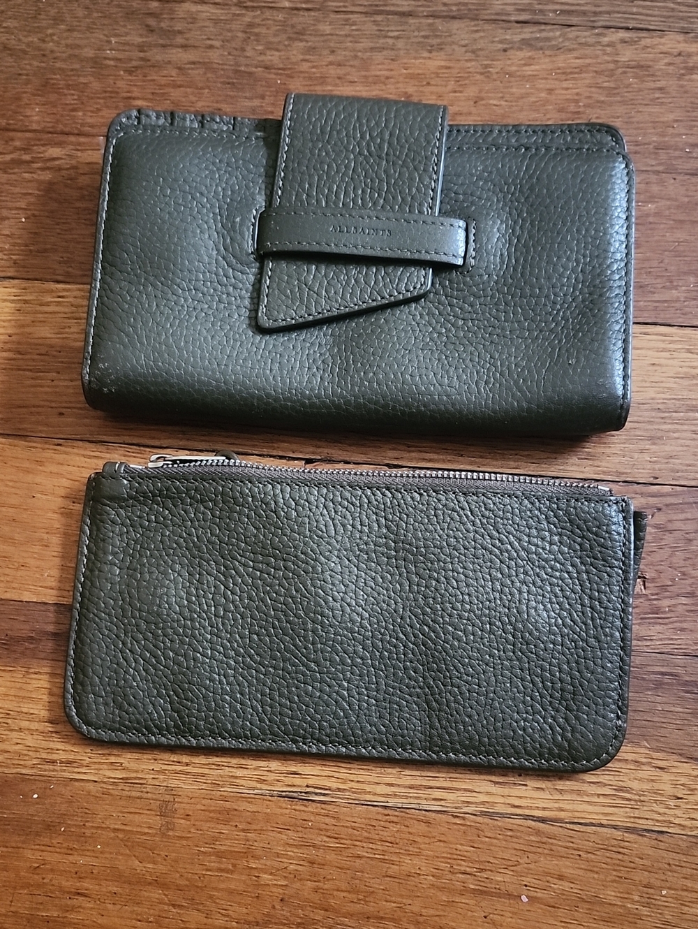 All Saints Olive Green Pebbled Leather Wallet Duo
